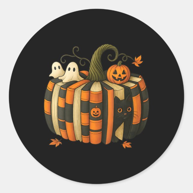 Womens Fall Book Pumpkin With Black Cat Reading Classic Round Sticker (Front)