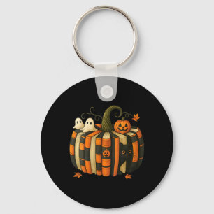 Womens Fall Book Pumpkin With Black Cat Reading Key Ring