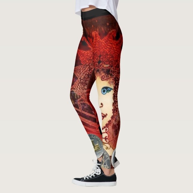 Women's Fancy Red Leggings with Asymmetric Fairy (Left)