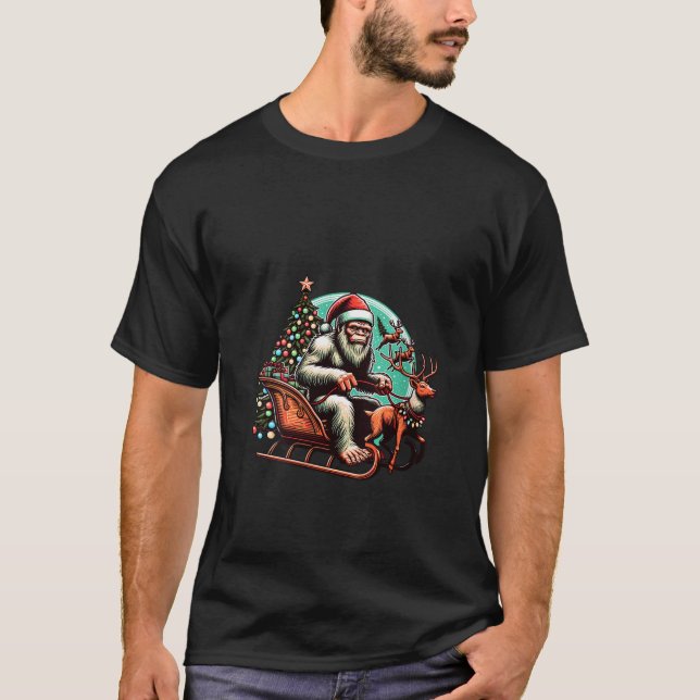 Womens Festive Bigfoot Riding Sleigh Sasquatch Chr T-Shirt (Front)