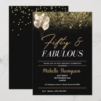 Women's Fifty and Fabulous Gold Birthday Invitation