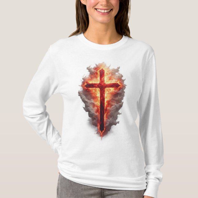 Women's Flaming Christian Cross Long Sleeve Tee (Front)