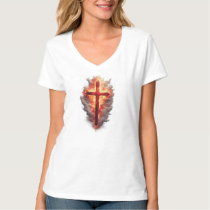 Women's Flaming Christian Cross V-Neck Tee