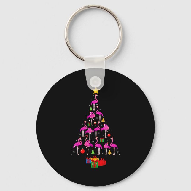 Womens Flamingo Christmas Tree Pajamas Santa Hat F Key Ring (Front)