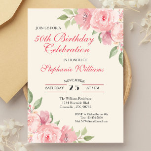 Women's Floral Elegant Rose 50th Birthday Party Invitation
