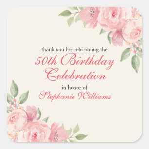 Women's Floral Elegant Rose 50th Birthday Party Square Sticker