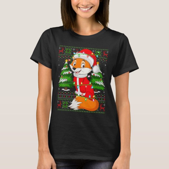 Womens Fox Christmas Lights Santa Costume Ugly Xma T-Shirt (Front)