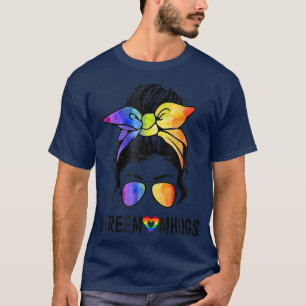 Womens Free Mum Hugs Messy Bun LGBT Pride Rainbow T-Shirt