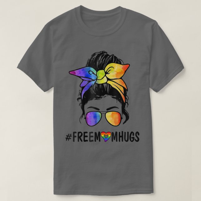 Womens Free Mum Hugs Messy Bun LGBT Pride Rainbow  T-Shirt (Design Front)