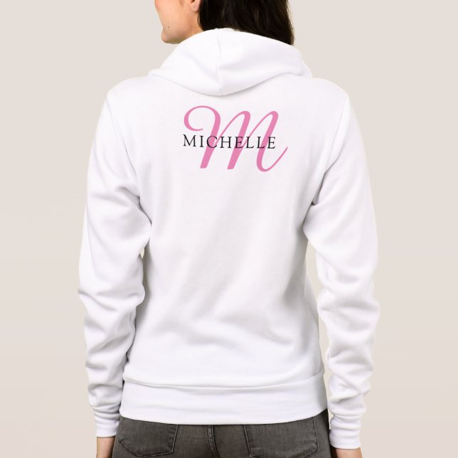 Women's Full Zip White Hoodie Monogram Name (Back)
