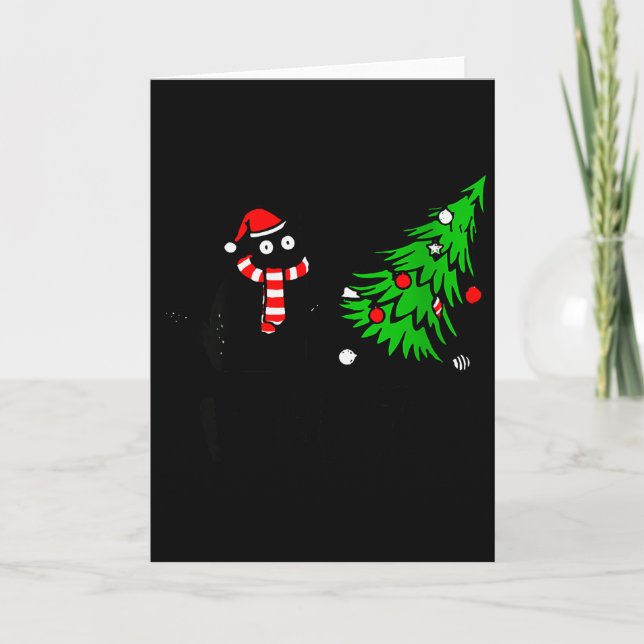 Womens Funny Black Cat Gift Pushing Christmas Tree Card (Front)