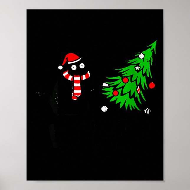 Womens Funny Black Cat Gift Pushing Christmas Tree Poster (Front)