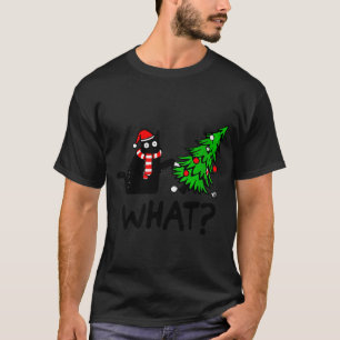 Womens Funny Black Cat Gift Pushing Christmas Tree T-Shirt