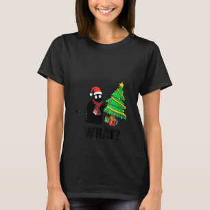 Womens Funny Black Cat Pushing Christmas Tree Ove T-Shirt
