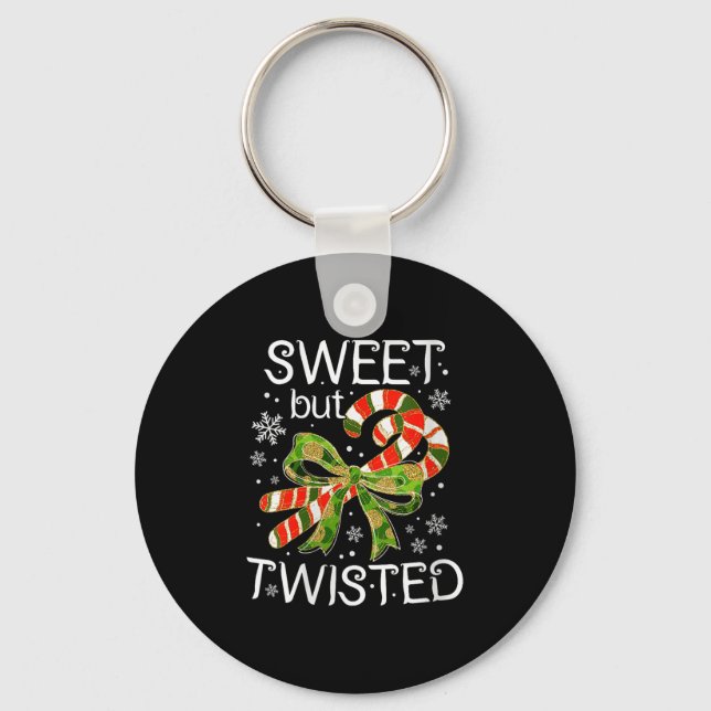 Womens Funny Candy Cane Sweet But Twisted Christma Key Ring (Front)