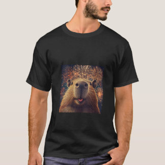 Womens Funny Capybara Selfie With Fireworks V Neck T-Shirt