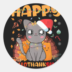 Womens Funny Cat Happy Hallothanksmas Halloween Th Classic Round Sticker