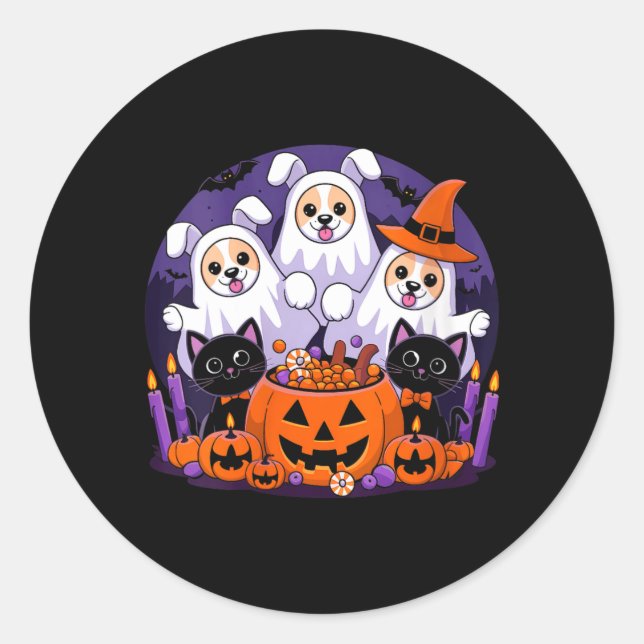 Womens Funny Halloween Dog Dressed As Ghost Classic Round Sticker (Front)