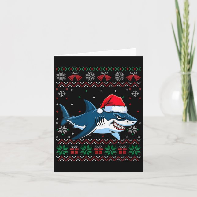Womens Funny Ugly Christmas Shark Santa Hat Lights Card (Front)