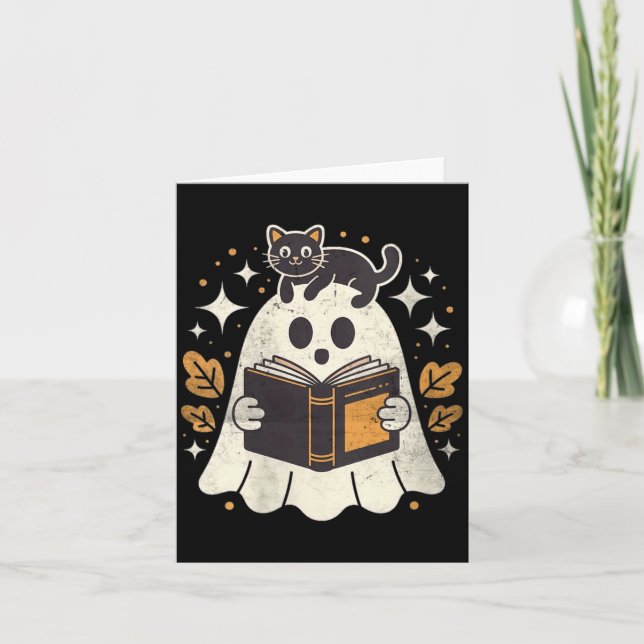Womens Ghost Reading Book Halloween Library Black Card (Front)