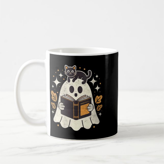 Womens Ghost Reading Book Halloween Library Black Coffee Mug (Left)