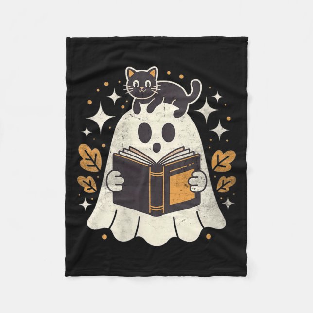 Womens Ghost Reading Book Halloween Library Black Fleece Blanket (Front)