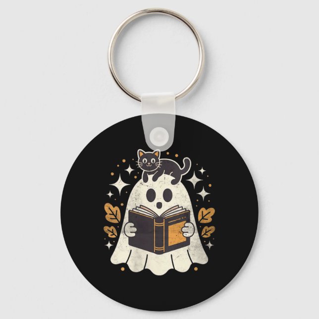 Womens Ghost Reading Book Halloween Library Black Key Ring (Front)