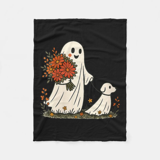 Womens Ghost Walking Dog Spooky Funny Halloween Fleece Blanket (Front)