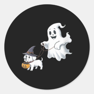 Womens Ghost Walks The Dog Halloween V-Neck Classic Round Sticker