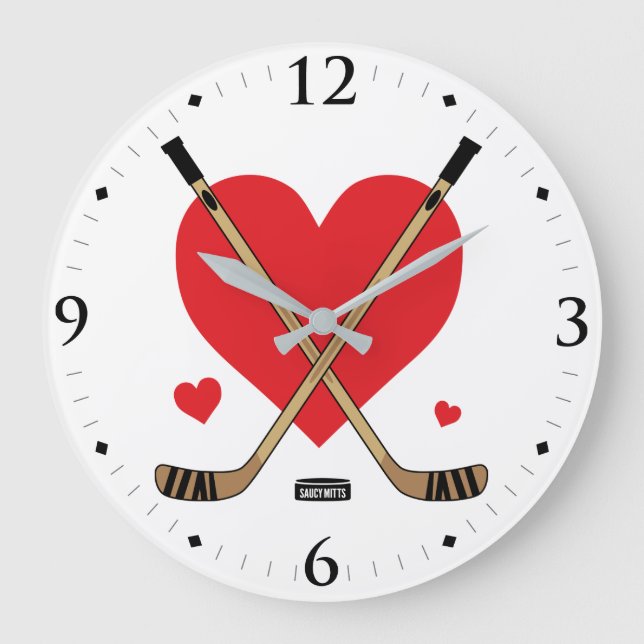 Women's Girls Love Heart Hockey Sticks Room Decor Large Clock (Front)
