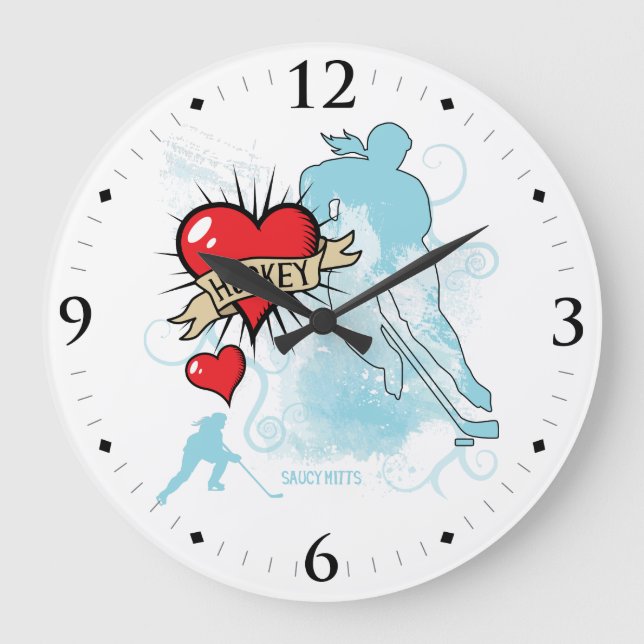 Women's Girls Love Heart Hockey Tattoo Style Large Clock (Front)