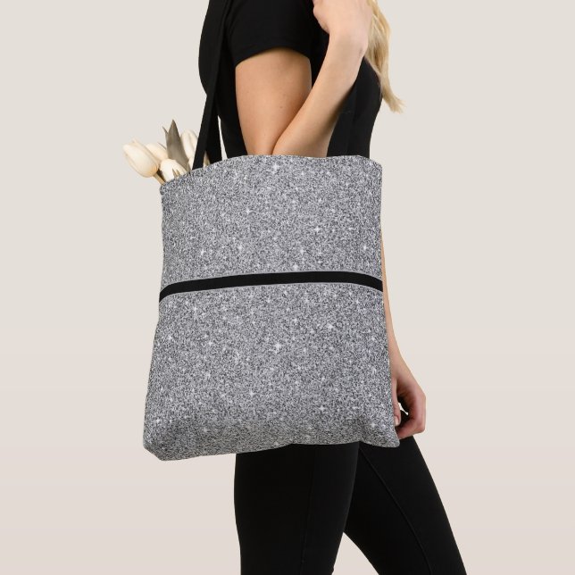 Women's Glitter Tote Bag With Black Stripe (Close Up)