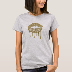  Women's Gold Glitter Dripping Lips Graphic T-Shirt