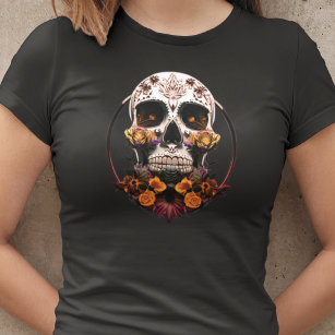 Womens Golden Marigold Sugar Skull Mexican Skull T-Shirt