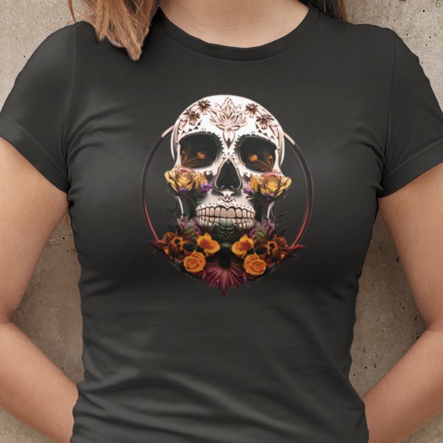 Womens Golden Marigold Sugar Skull Mexican Skull T-Shirt (Creator Uploaded)