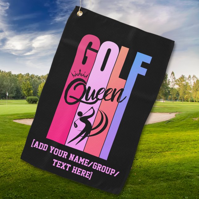 Women's GOLF QUEEN Custom Name Golf Towel (Vibrant Golf Queen golf towel for female golfers who love women's golf. Buy the matching collection.)
