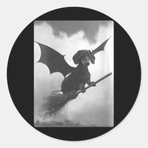 Womens Gothic Dachshund Witch Broom Bat Wings Classic Round Sticker