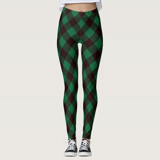 Women's Green Black Diamond Plaid Leggings (Front)