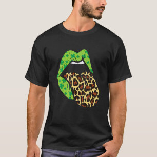 Womens Green Lips Leopard Print Tongue Out St Patr T-Shirt