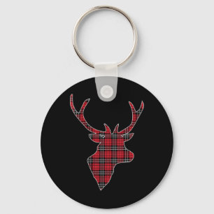 Womens Green Red Buffalo Plaid Deer Reindeer Head Key Ring