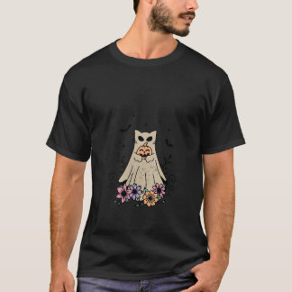 Womens Groovy Vintage Floral Ghost cat Cute Hallow T-Shirt