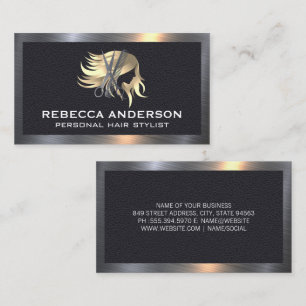 Womens Hair Logo Salon Metal Leather Business Card