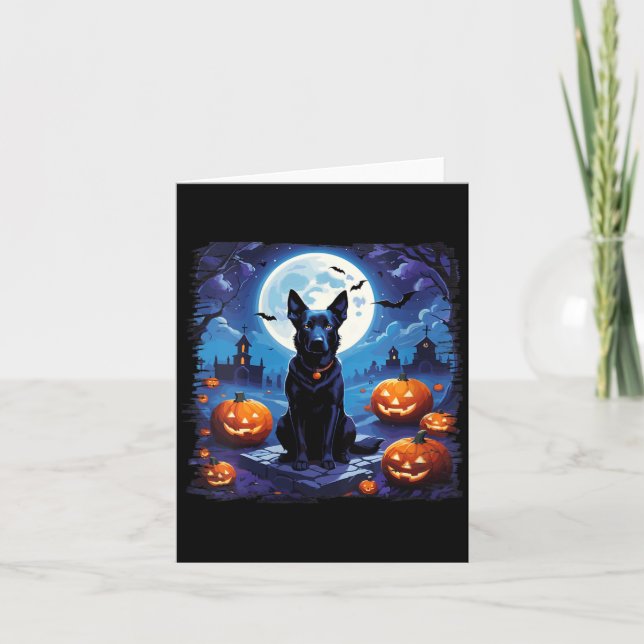 Womens Halloween Black Dog Under The Moon Fall Card (Front)