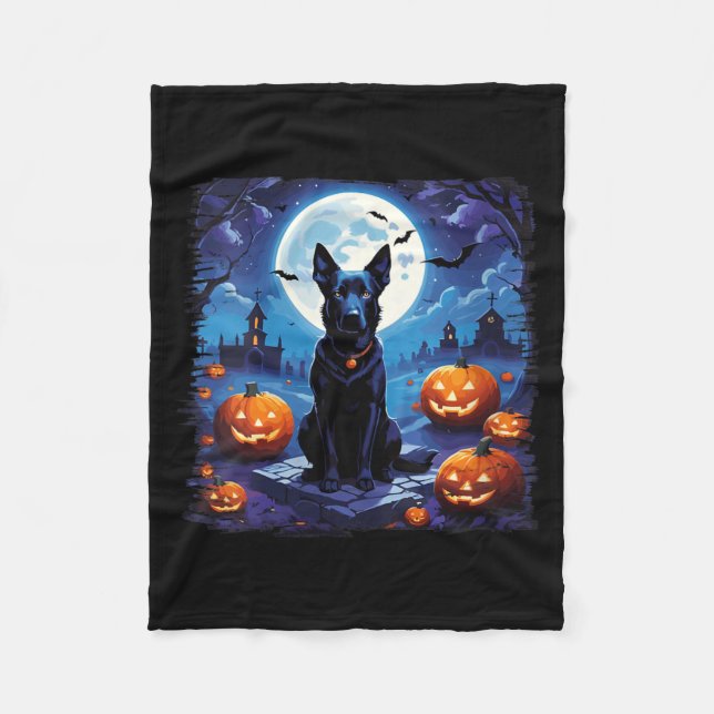 Womens Halloween Black Dog Under The Moon Fall Fleece Blanket (Front)