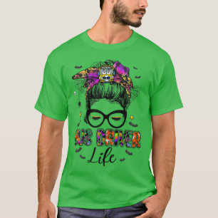 Womens Halloween Bus Driver Life Messy Bun School T-Shirt