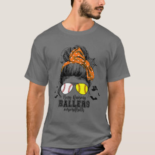 Womens Halloween Messy Bun Mum Of Both Baseball So T-Shirt