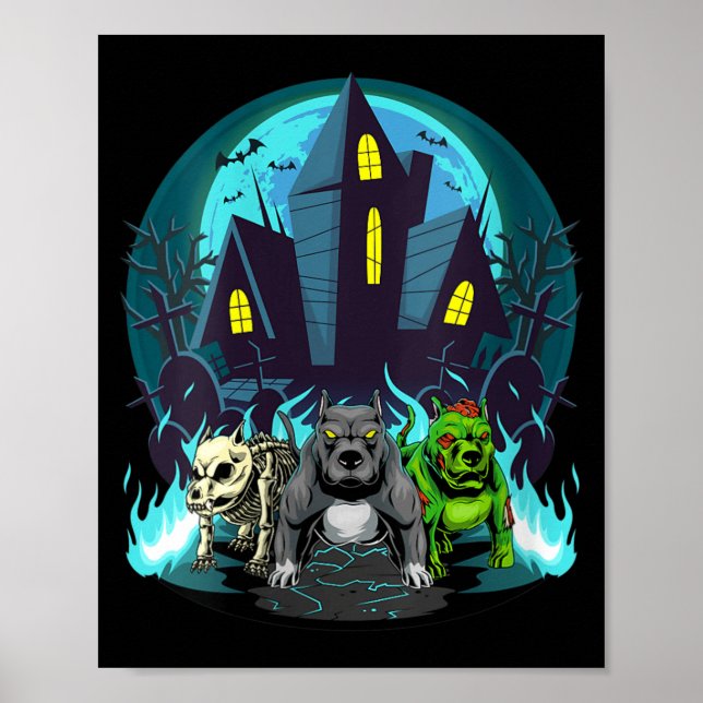 Womens Halloween Pitbulls Zombie Skeleton Black Poster (Front)
