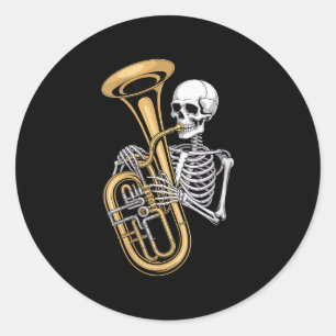 Womens Halloween Skeleton Tuba Tubist V-neck Classic Round Sticker