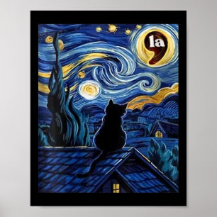 Womens Halloween Starry Night Black Cat Comma La K Poster