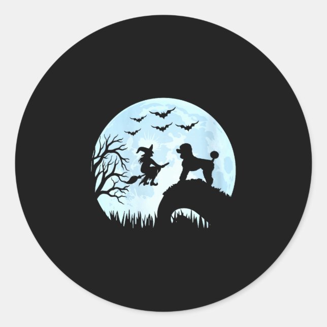 Women's halloween witch poodle  classic round sticker (Front)